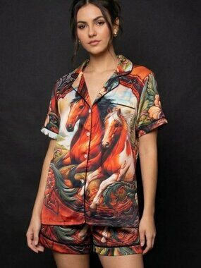 Equestrian Horse Satin Pajamas Western Short Sleeve Set Size Medium Floral Gift